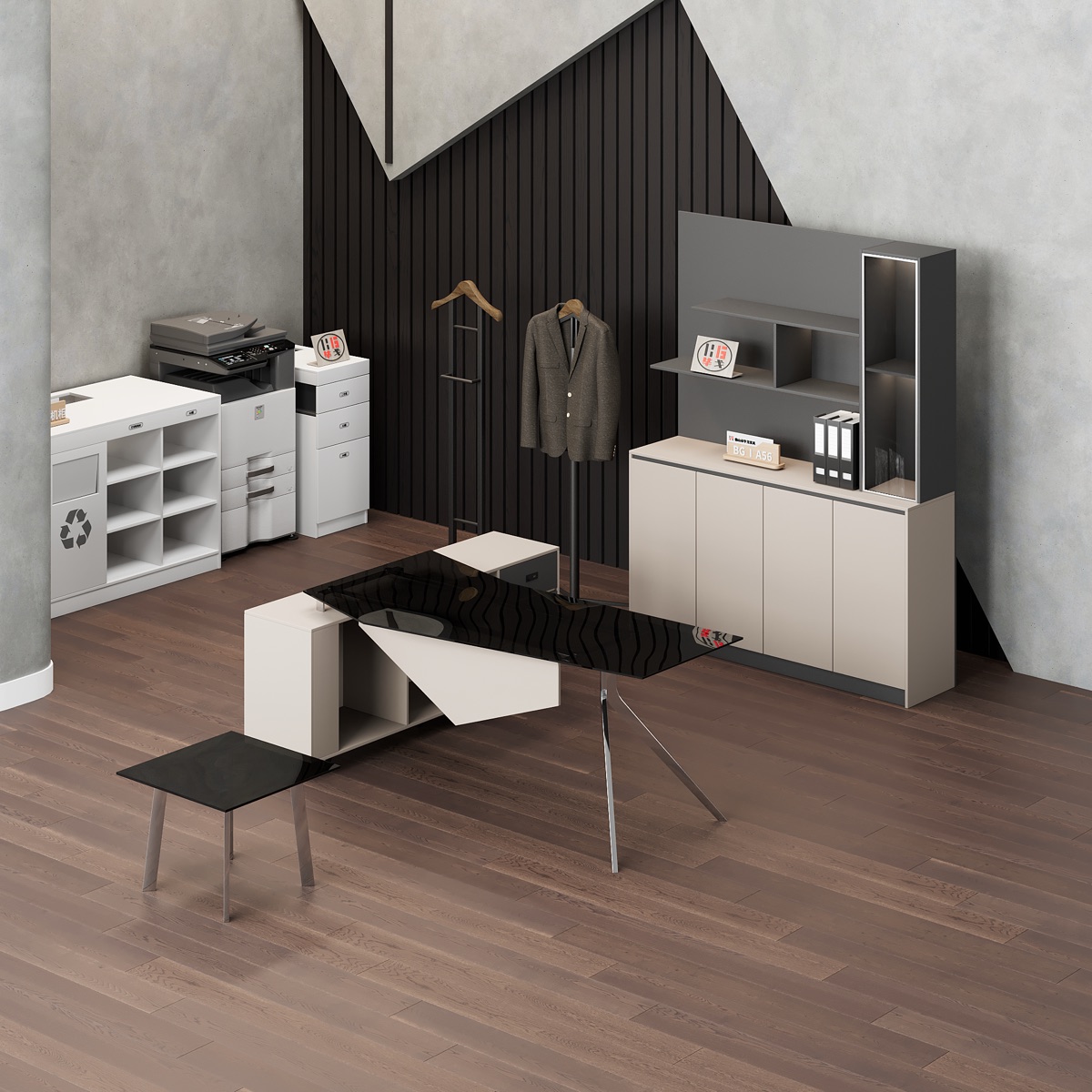 Meja Direktur L-Shape Kabinet Putih Hitam — BG-2511LA — Foshan China office furniture manufacturer