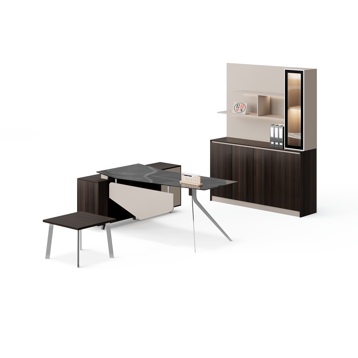Set Meja Direktur L-Shape + Lemari Kaca — BG-2511LG