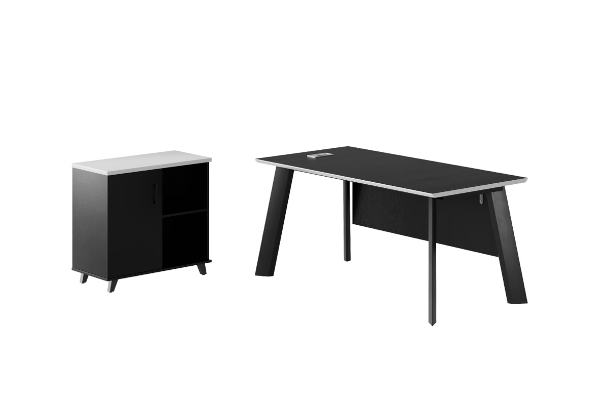 Black L-Shape Director Desk + Side Cabinet — feature detail 1