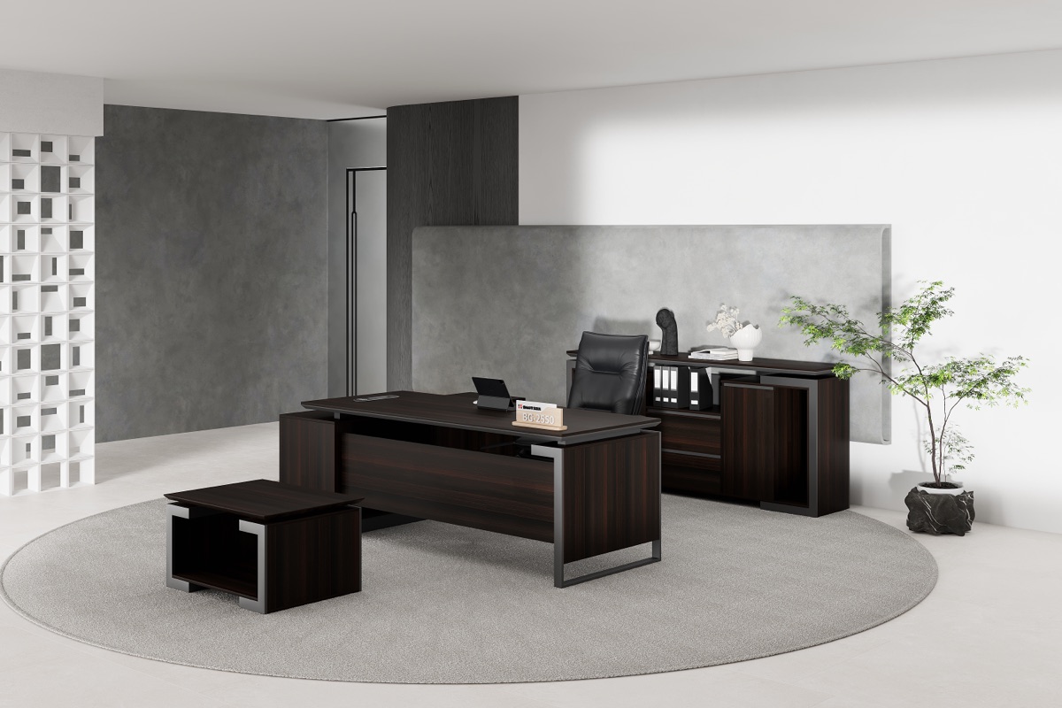 Meja Direktur Lurus Set Kredenza Kayu Gelap — detail fitur 1