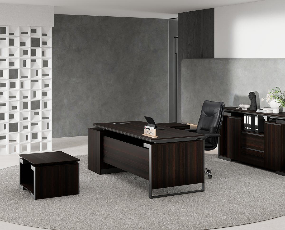 Meja Direktur Lurus Set Kredenza Kayu Gelap — detail fitur 2