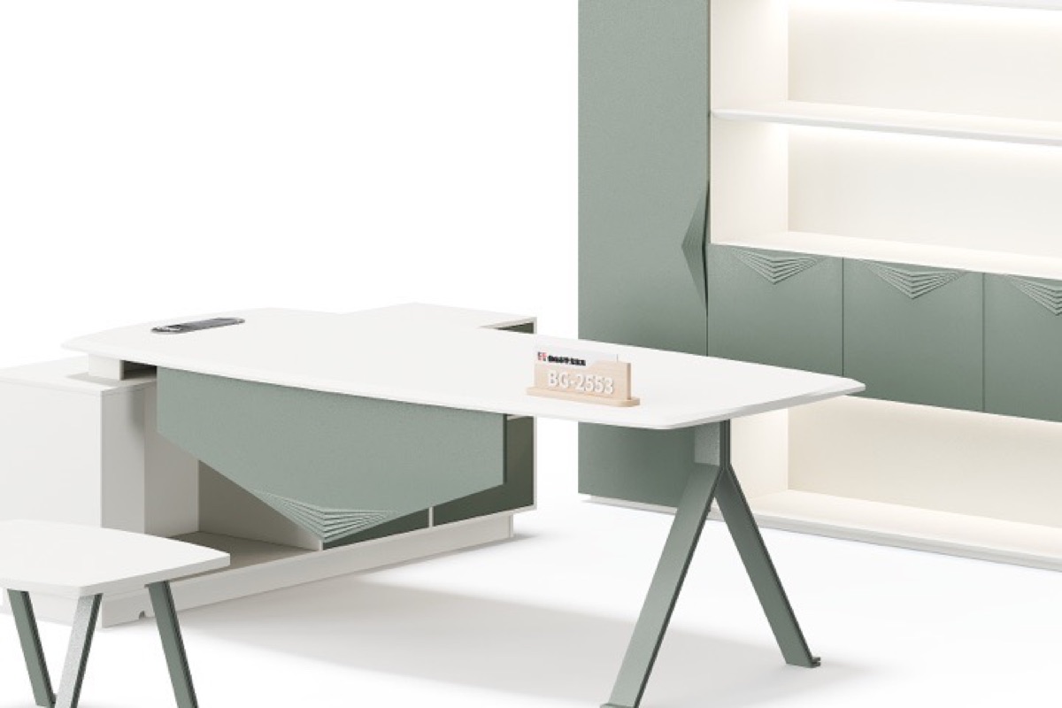 Dark Green L-Shape Director Desk + Integrated Shelving — feature detail 1