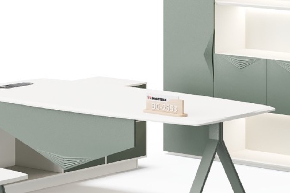 Dark Green L-Shape Director Desk + Integrated Shelving — feature detail 2