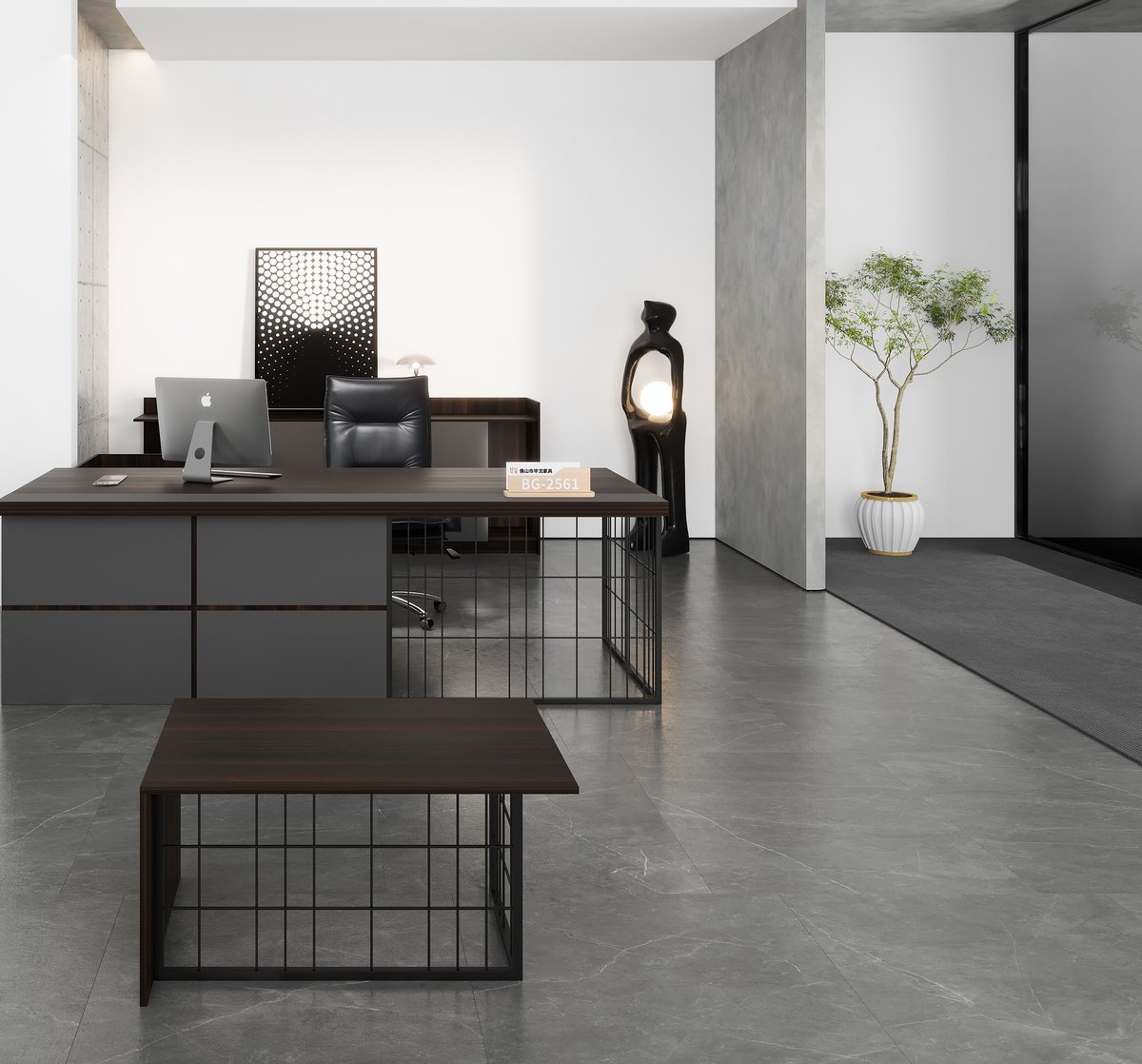 Meja Direktur Lurus Top Kayu Rangka Mesh — detail fitur 1