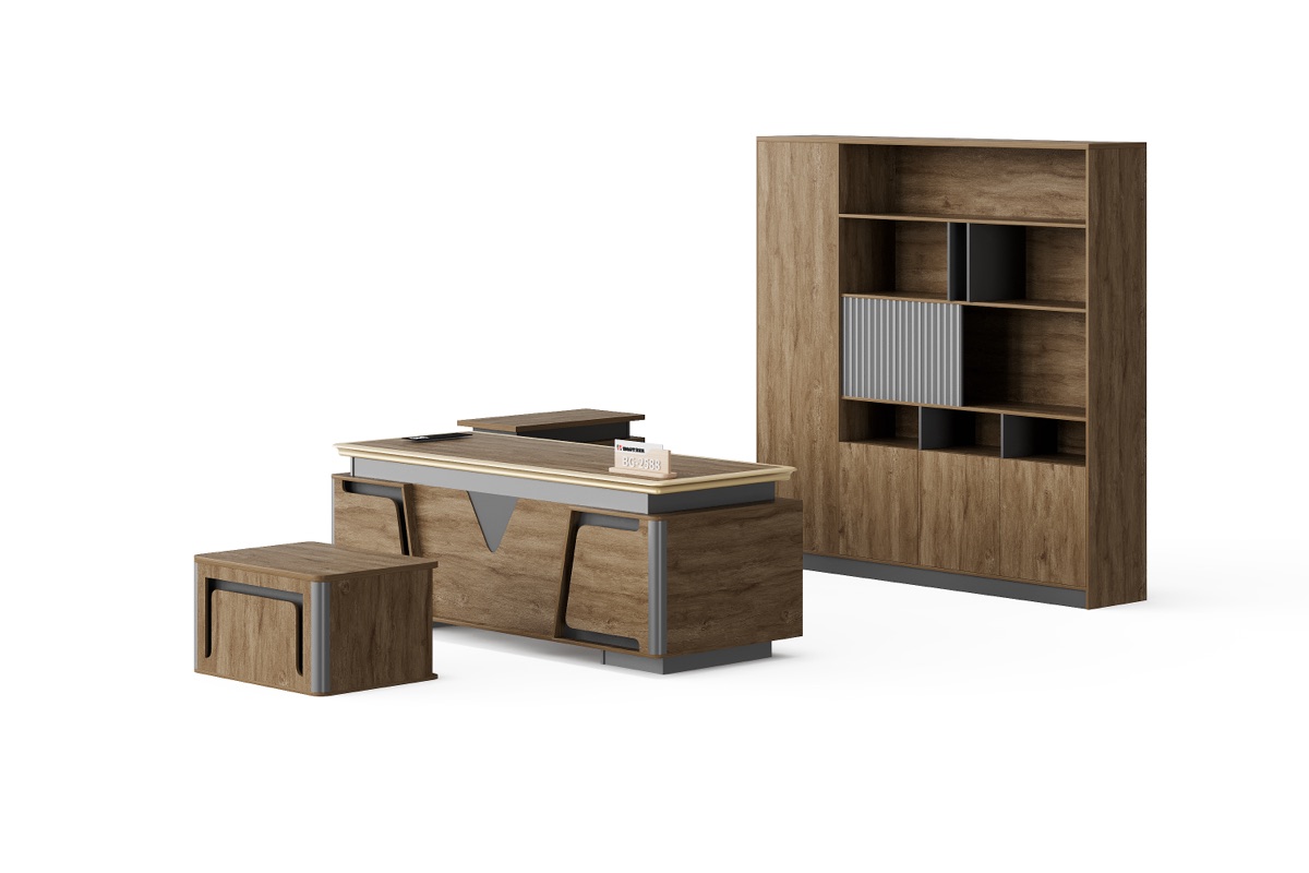 L-Shape Director Desk + Bookcase, 4 Finishes — feature detail 1