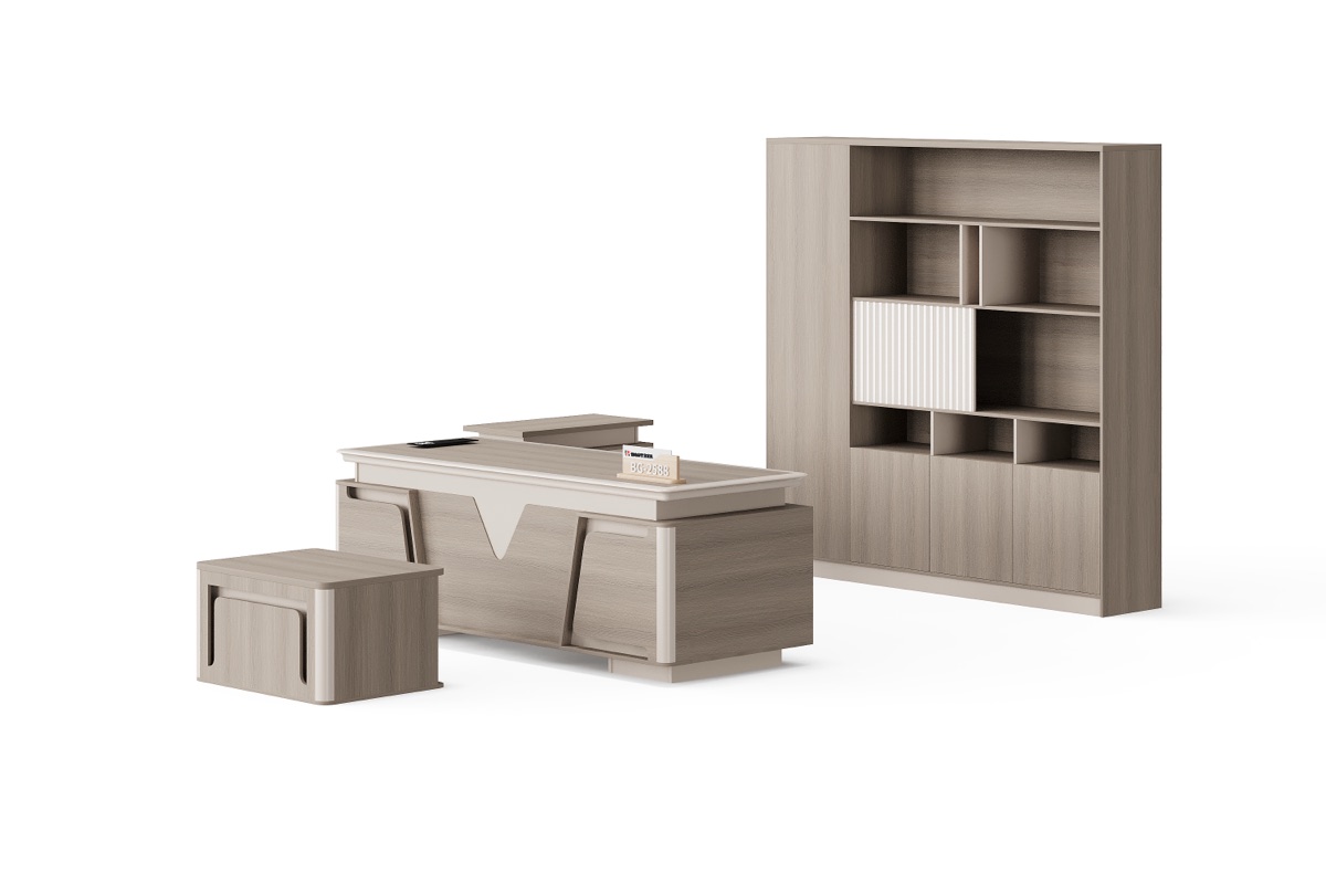 L-Shape Director Desk + Bookcase, 4 Finishes — feature detail 3