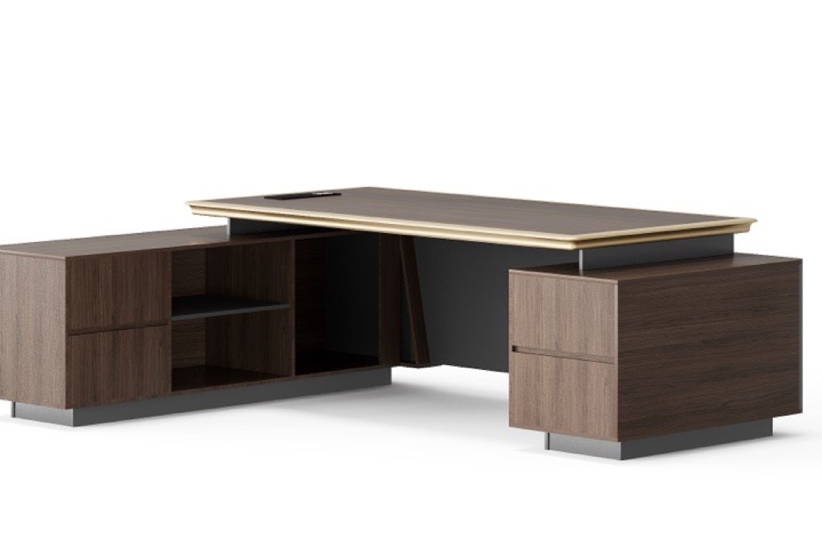 Meja Direktur L-Shape Trim Emas Premium — detail fitur 1