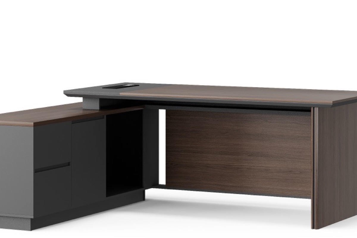 L-Shape Director Desk Walnut Slat Panel + Cabinet — feature detail 1