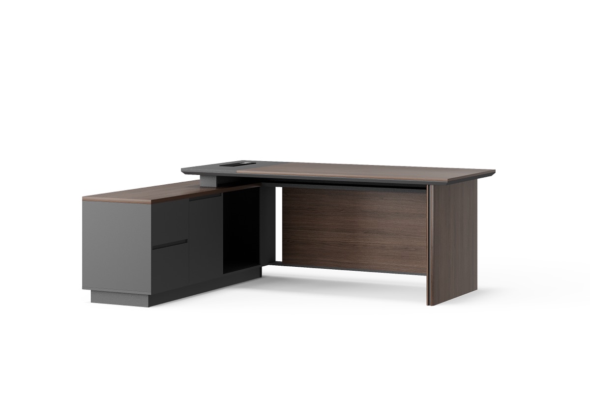 Meja Direktur L-Shape Panel Slat Walnut + Kabinet — BG-2610L