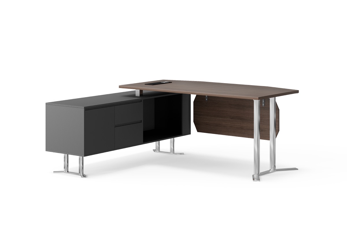 Meja Direktur L-Shape Walnut Dua Warna + Kabinet — BG-2616L