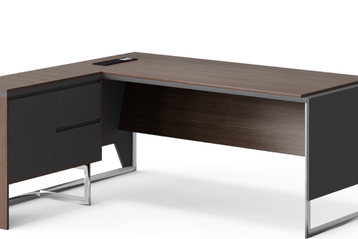 Meja Direktur L-Shape Walnut Panel Hitam + Laci — detail fitur 1