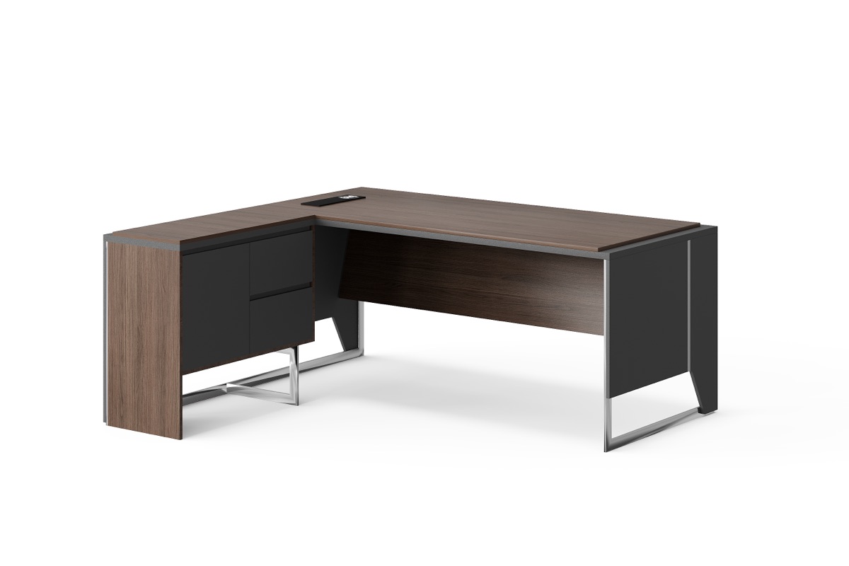 Meja Direktur L-Shape Walnut Panel Hitam + Laci — BG-2617L