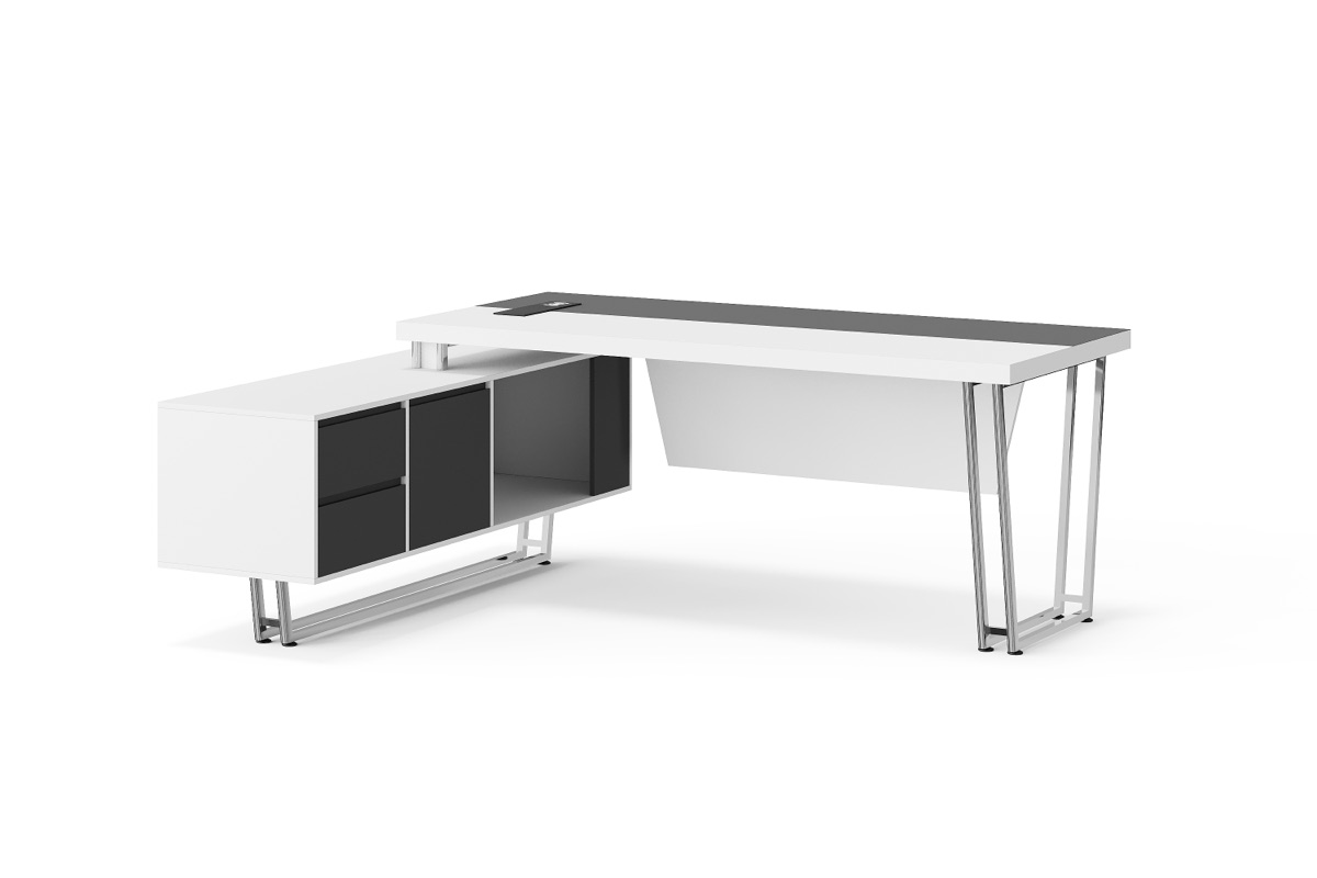 White L-Shape Director Desk + Black Top & Cabinet — feature detail 1