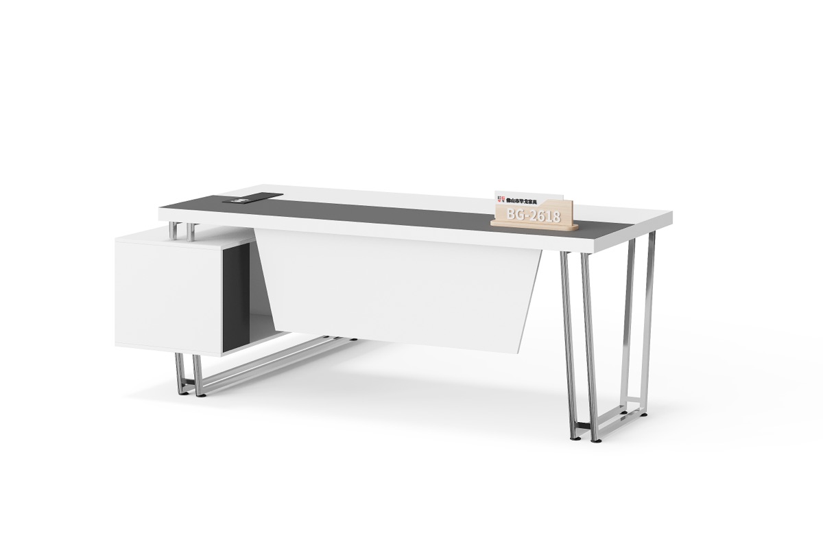 Meja Direktur L-Shape Putih + Top Hitam & Kabinet — BG-2618L