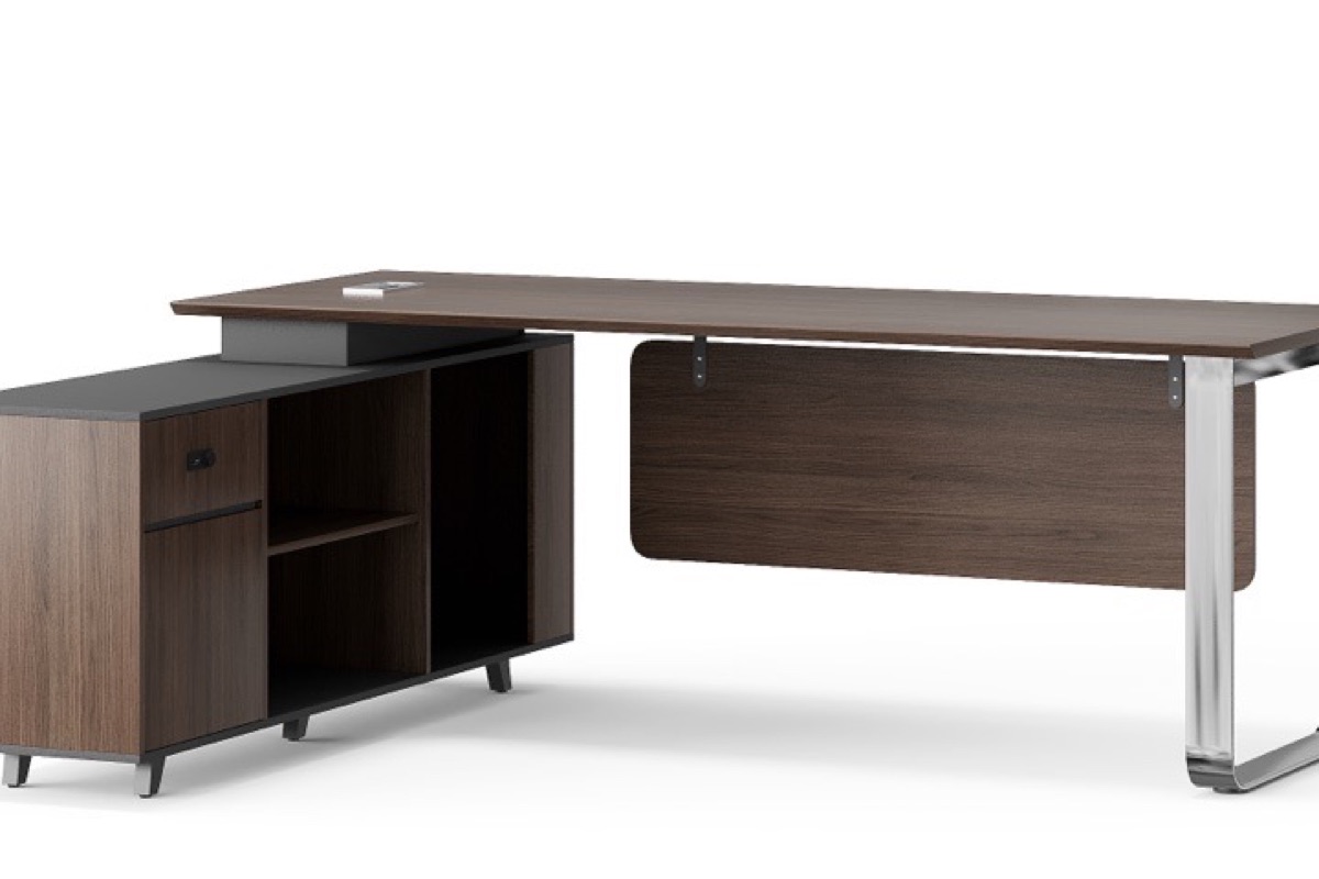 L-Shape Director Desk Walnut Chrome Legs + Cabinet — feature detail 1