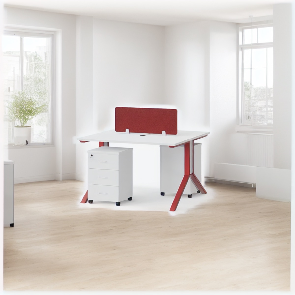 Workstation 2 Orang Aksen Merah — suasana kantor