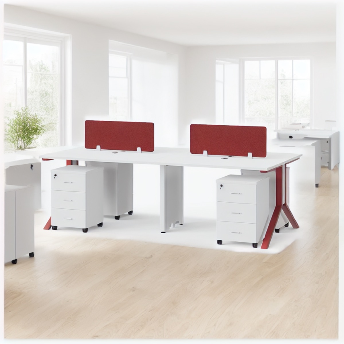Workstation 2 Stasiun Panel Kain Merah — suasana kantor