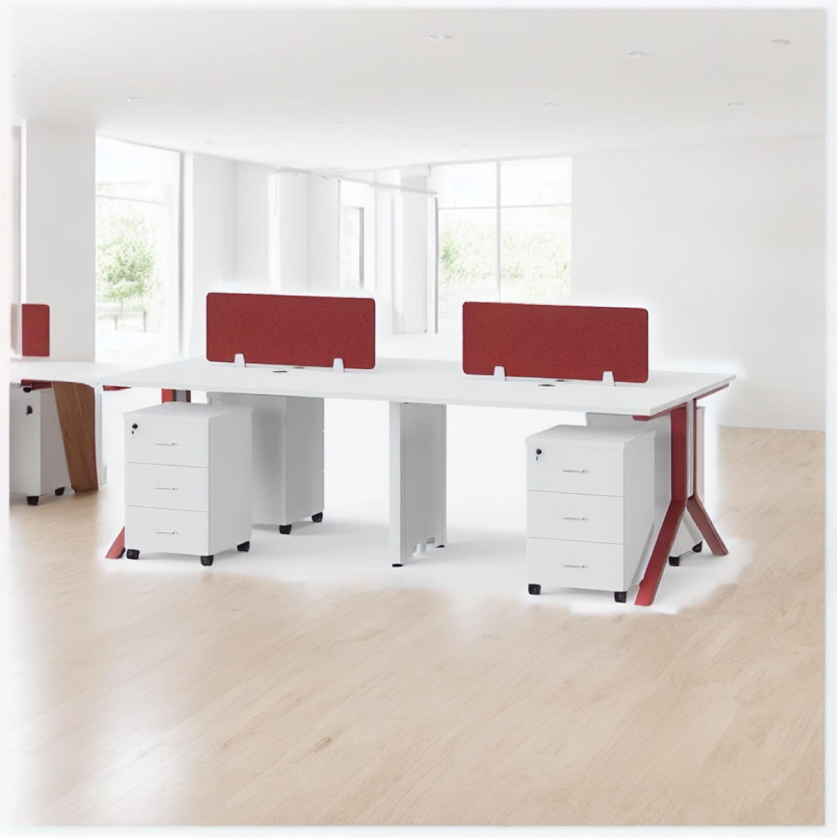 Workstation 2 Stasiun Panel Kain Merah — suasana kantor