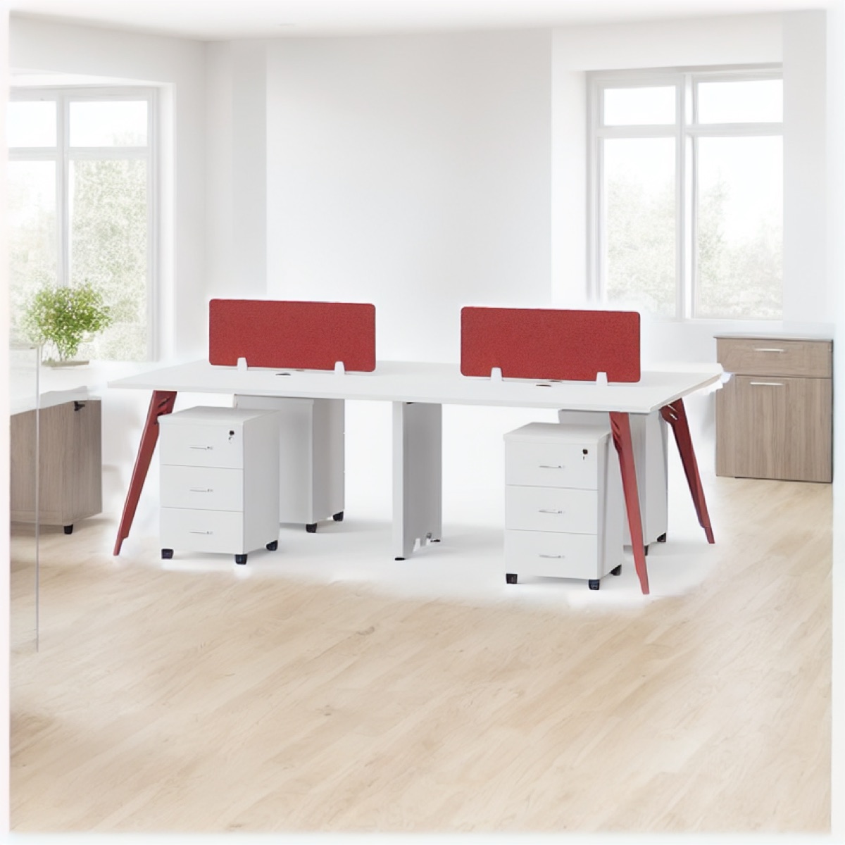Workstation Putih Aksen Merah 2 Stasiun — suasana kantor