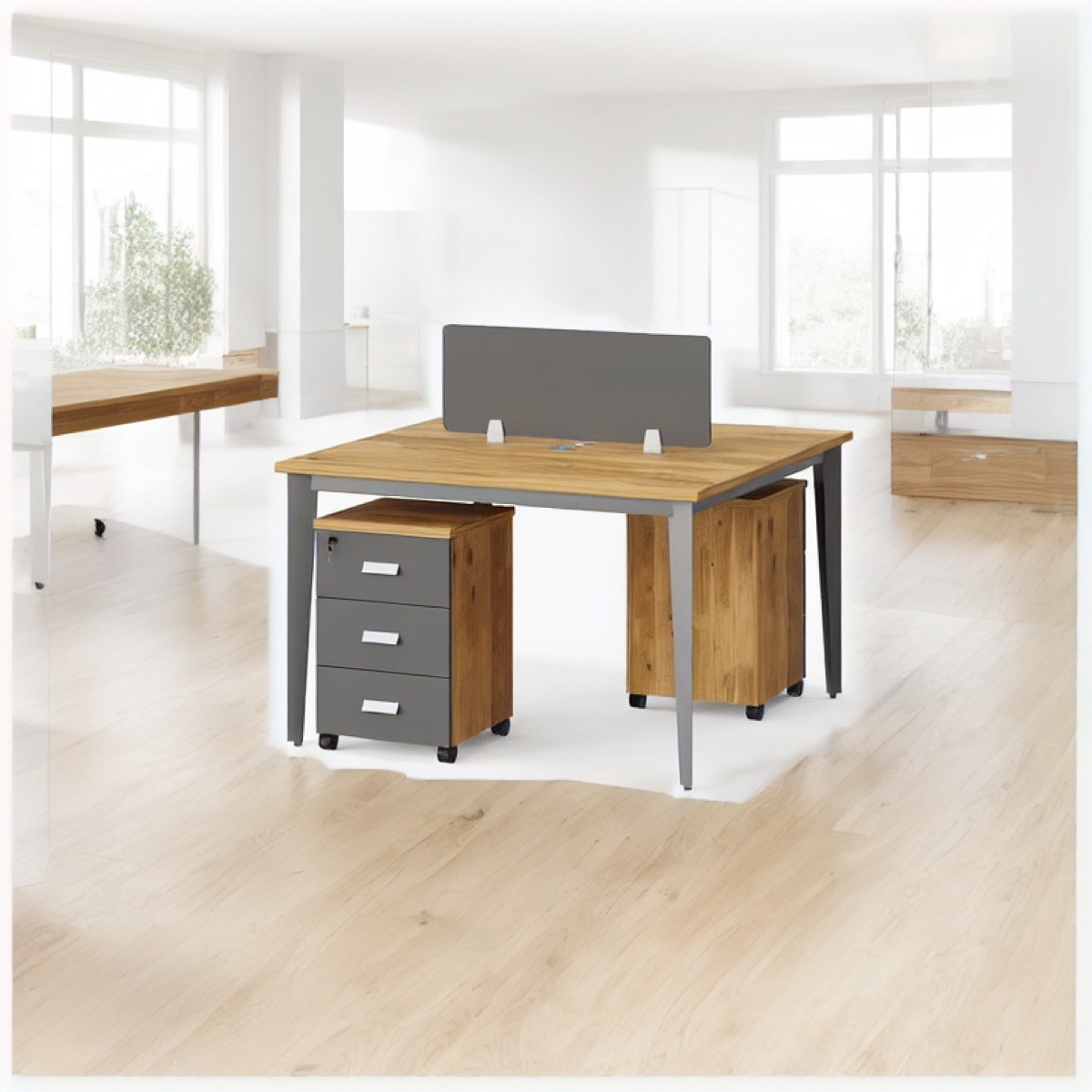 Workstation 2 Stasiun Oak + Kabinet Pedestal — suasana kantor