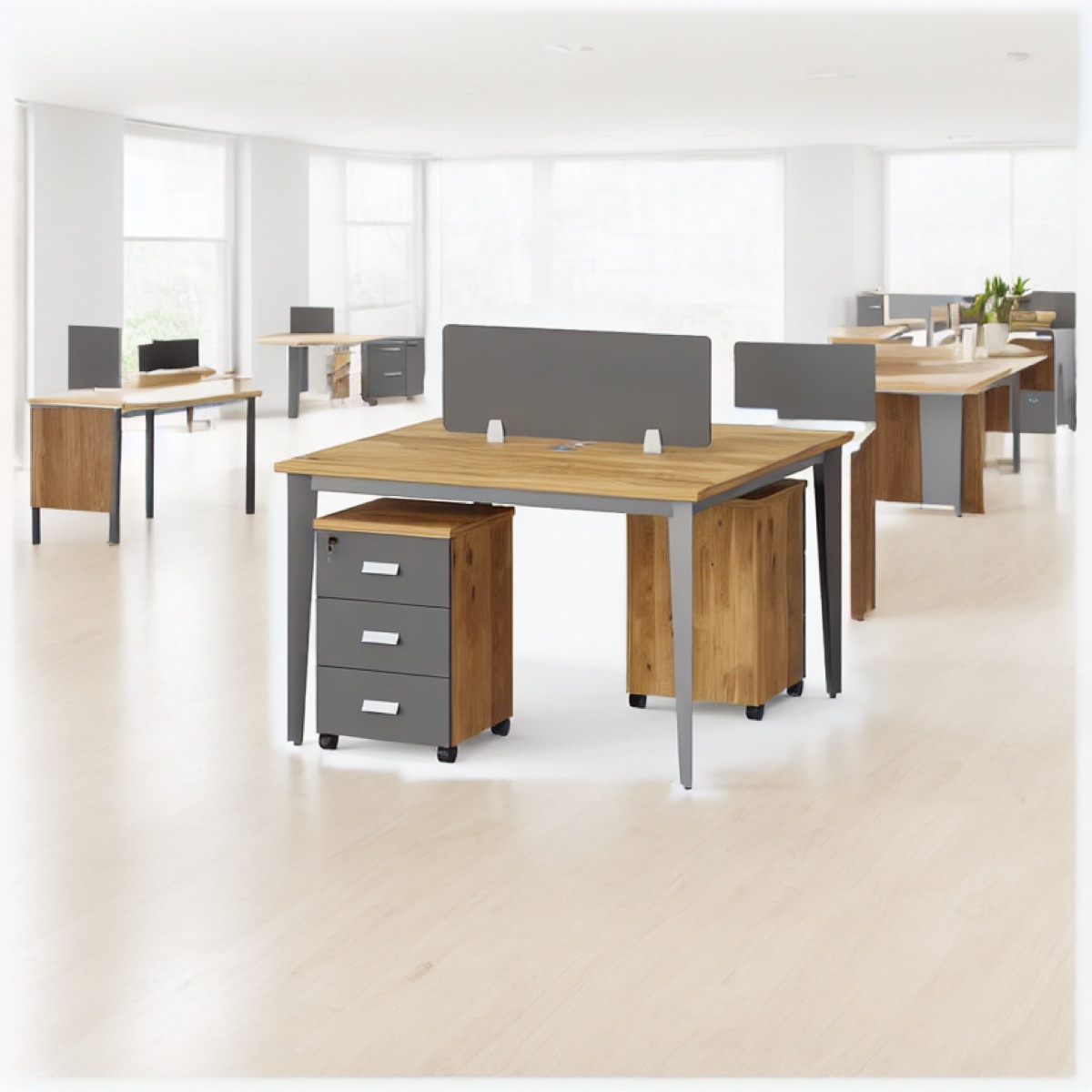 Workstation 2 Stasiun Oak + Kabinet Pedestal — suasana kantor