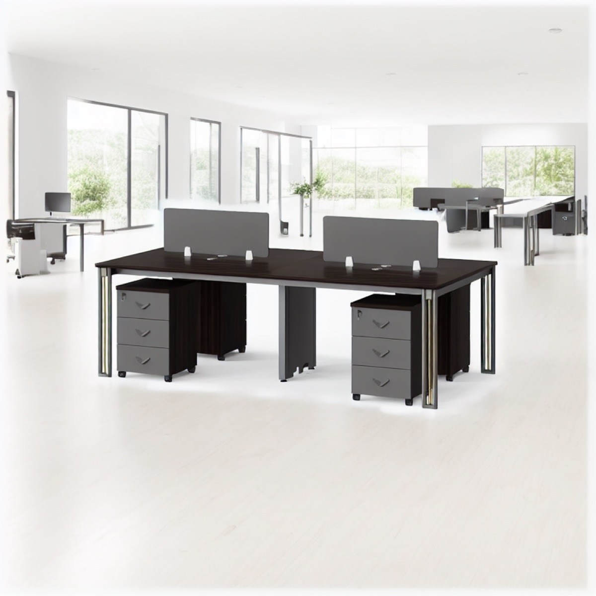 Workstation Kayu Gelap Aksen Emas 2 Stasiun — suasana kantor