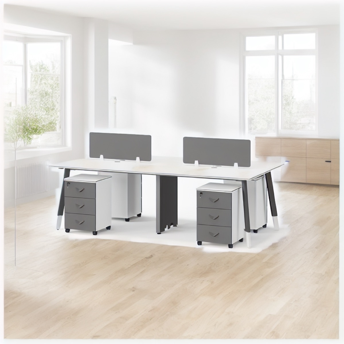 Workstation 2 Stasiun Panel Akrilik Abu — suasana kantor
