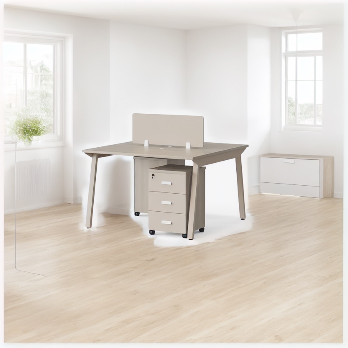 Meja Staf Beige 1400 mm Panel Privasi — suasana kantor