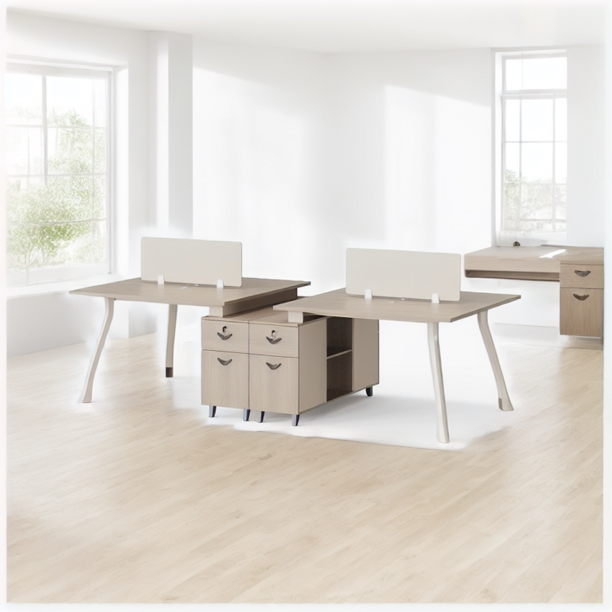 Workstation 2 Stasiun Pedestal 4 Laci + Rak — suasana kantor