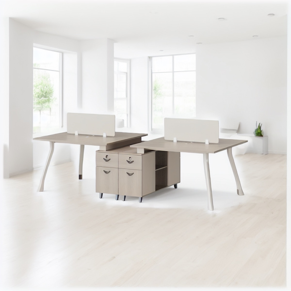 Workstation 2 Stasiun Pedestal 4 Laci + Rak — suasana kantor