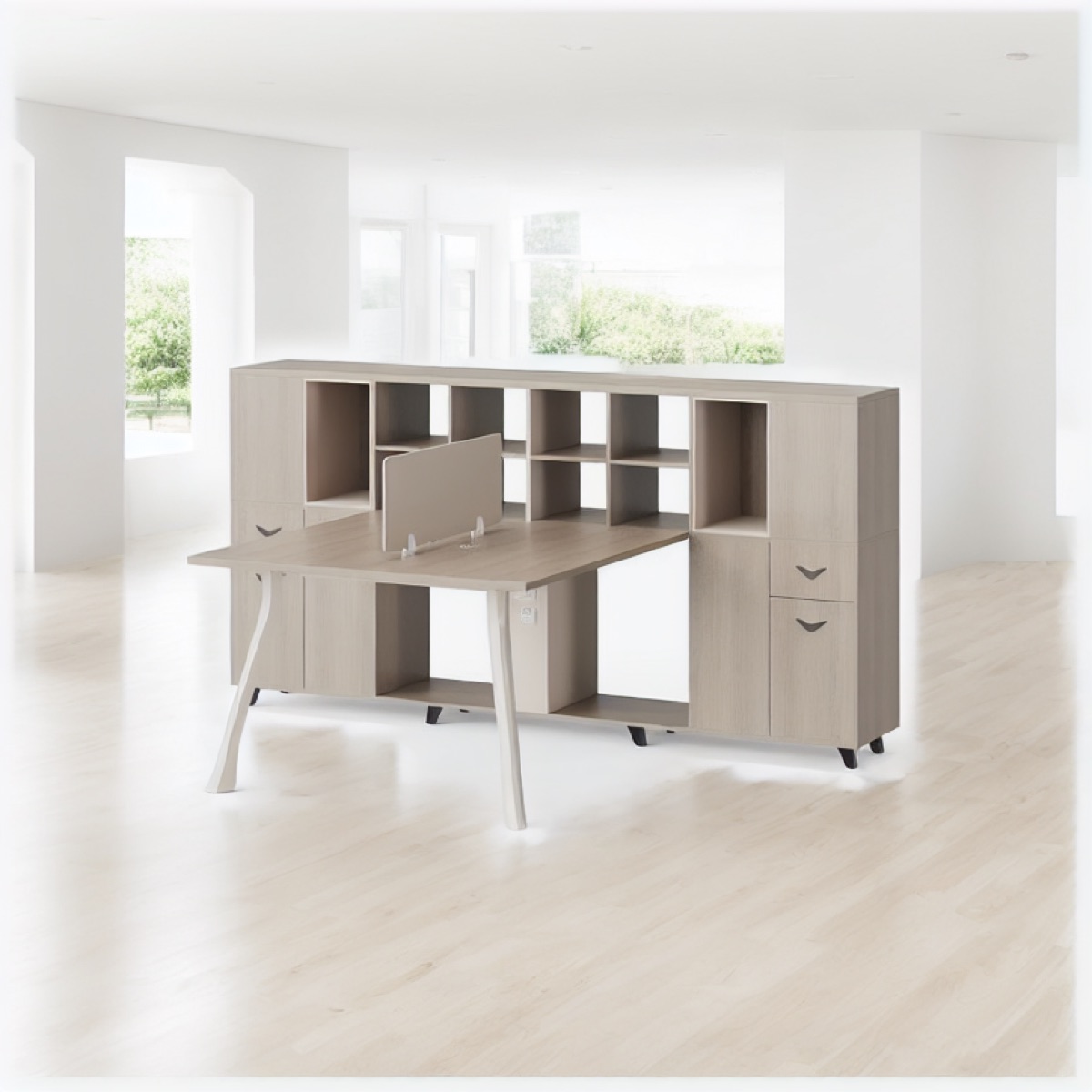 Workstation 2 Orang Kabinet + Rak Kubus — suasana kantor