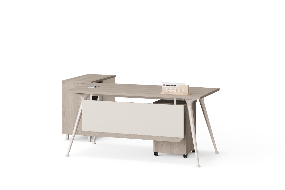 Meja Eksekutif L-Shape Kaki A Putih + Kabinet Beroda — BG-2501 — Foshan China office furniture manufacturer