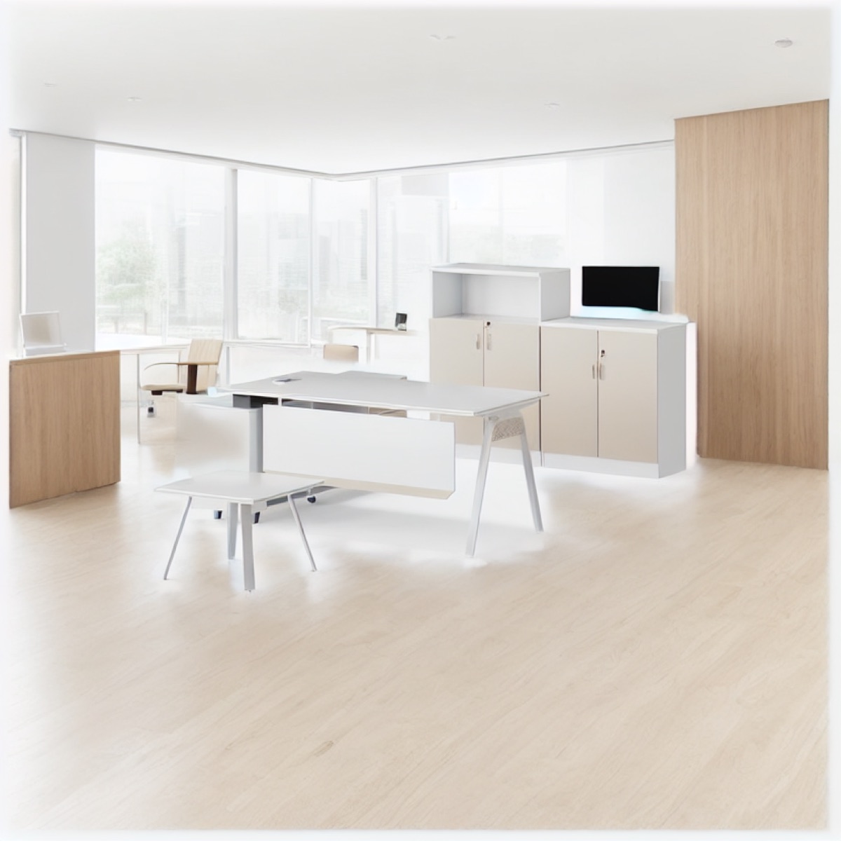 White L-Shape Director Desk + Cabinet — office scene