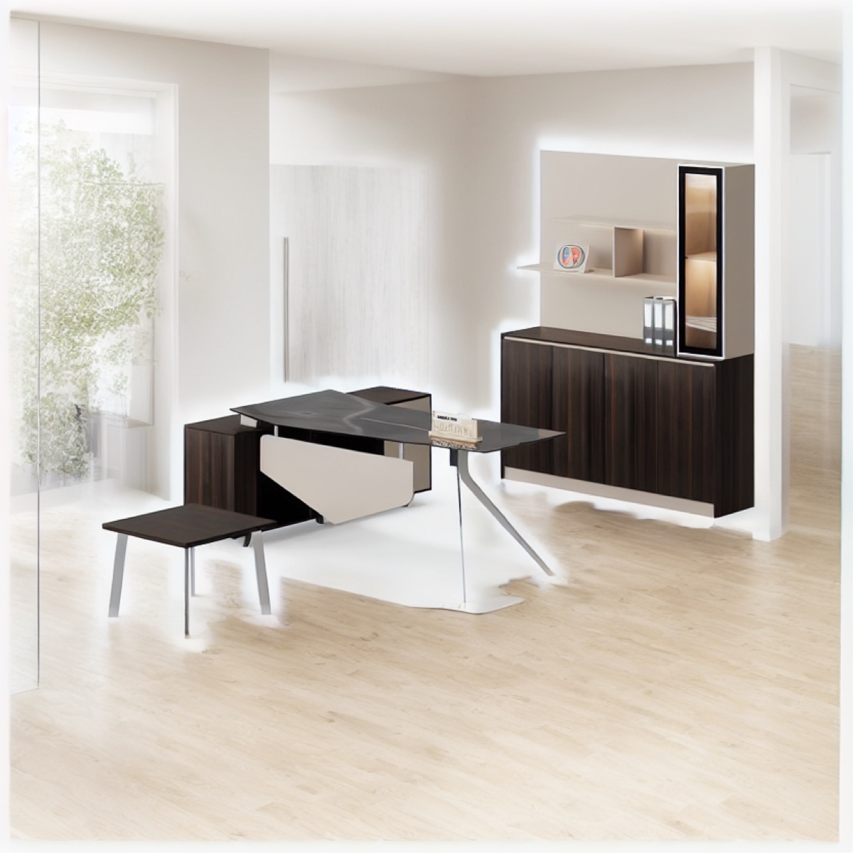 Director Desk Set with Glass-Door Cabinet — office scene