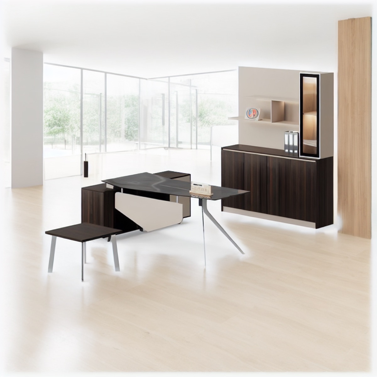 Director Desk Set with Glass-Door Cabinet — office scene