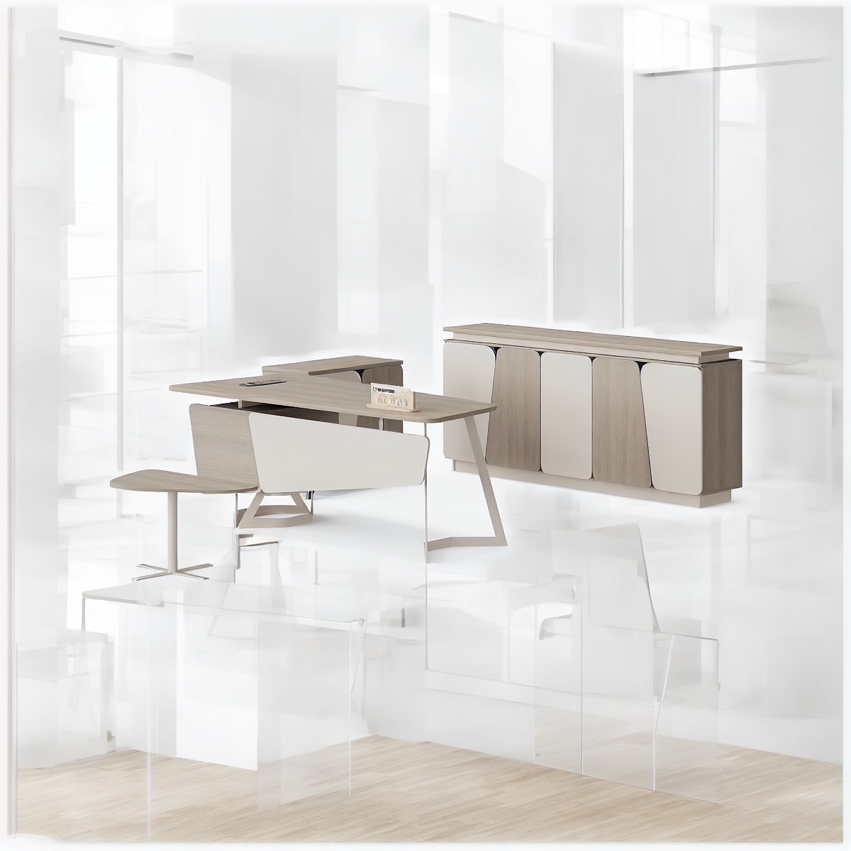 Meja Manajer + Credenza — situasi kantor