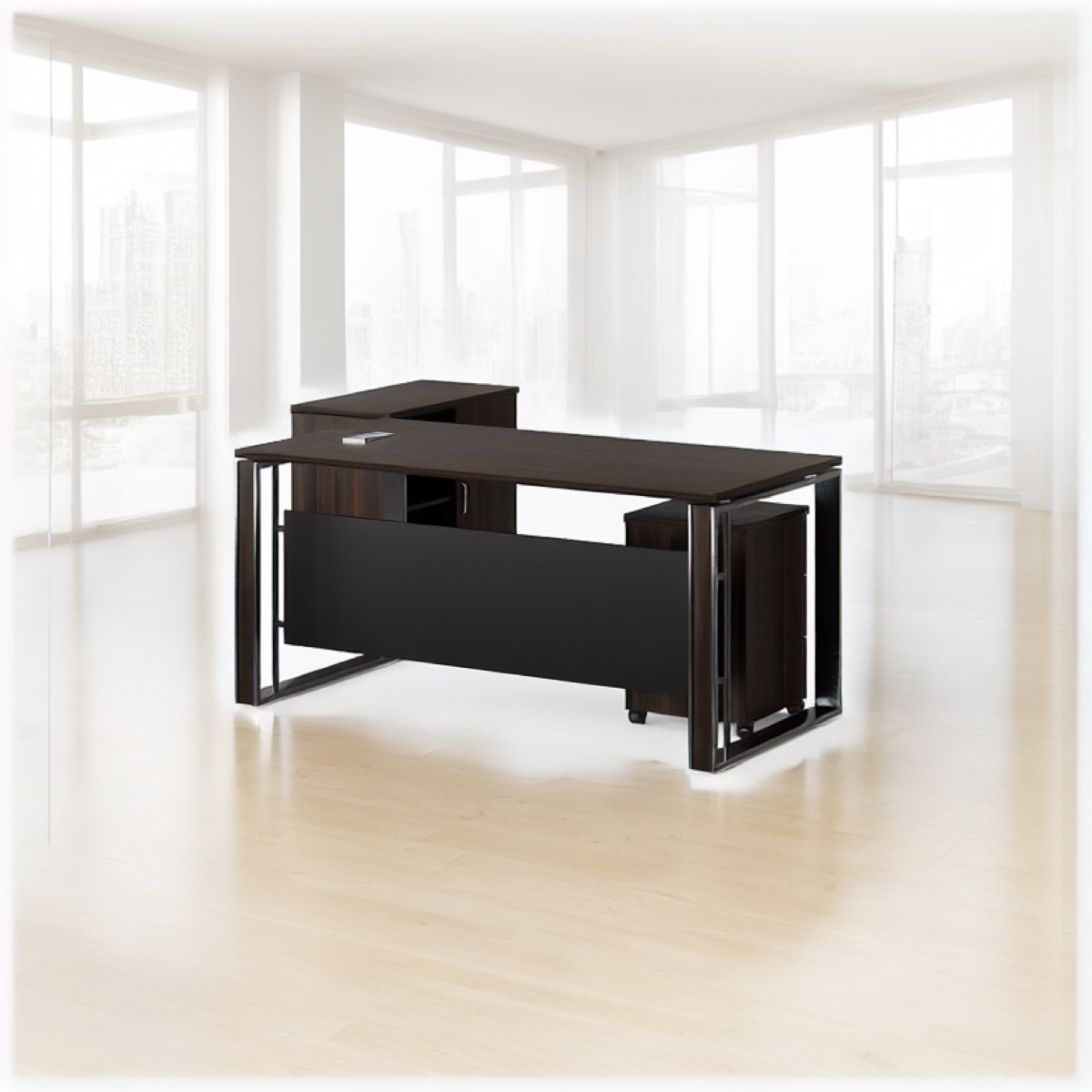 L-Shape Executive Desk + Cabinet, 6 Finishes — office scene