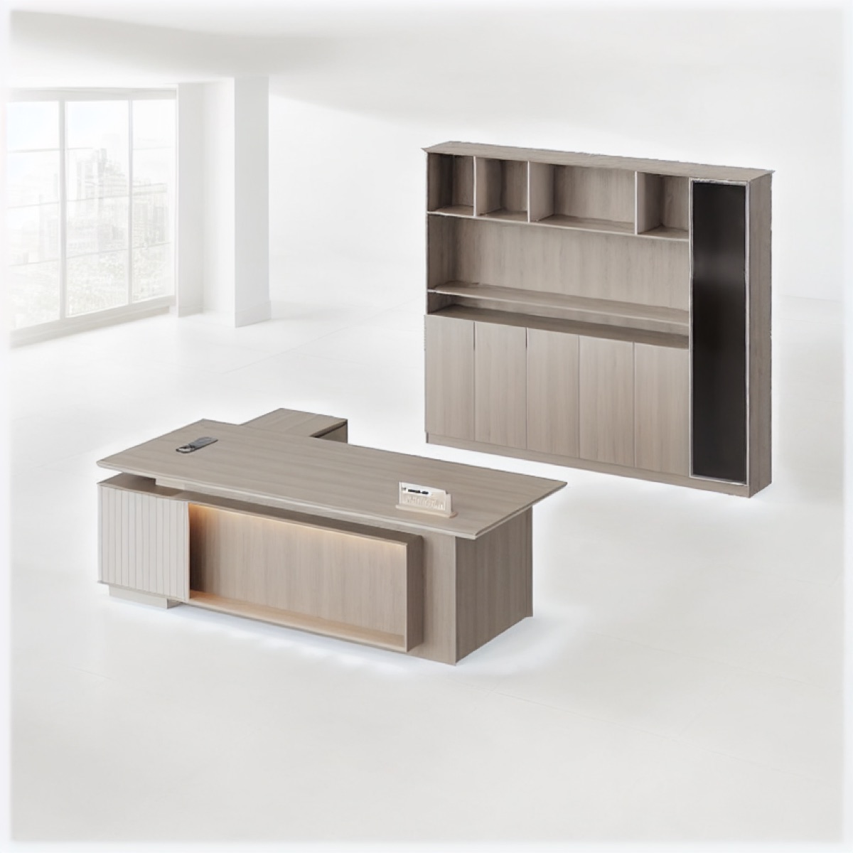 L-Shape Director Desk with Display Shelf — office scene