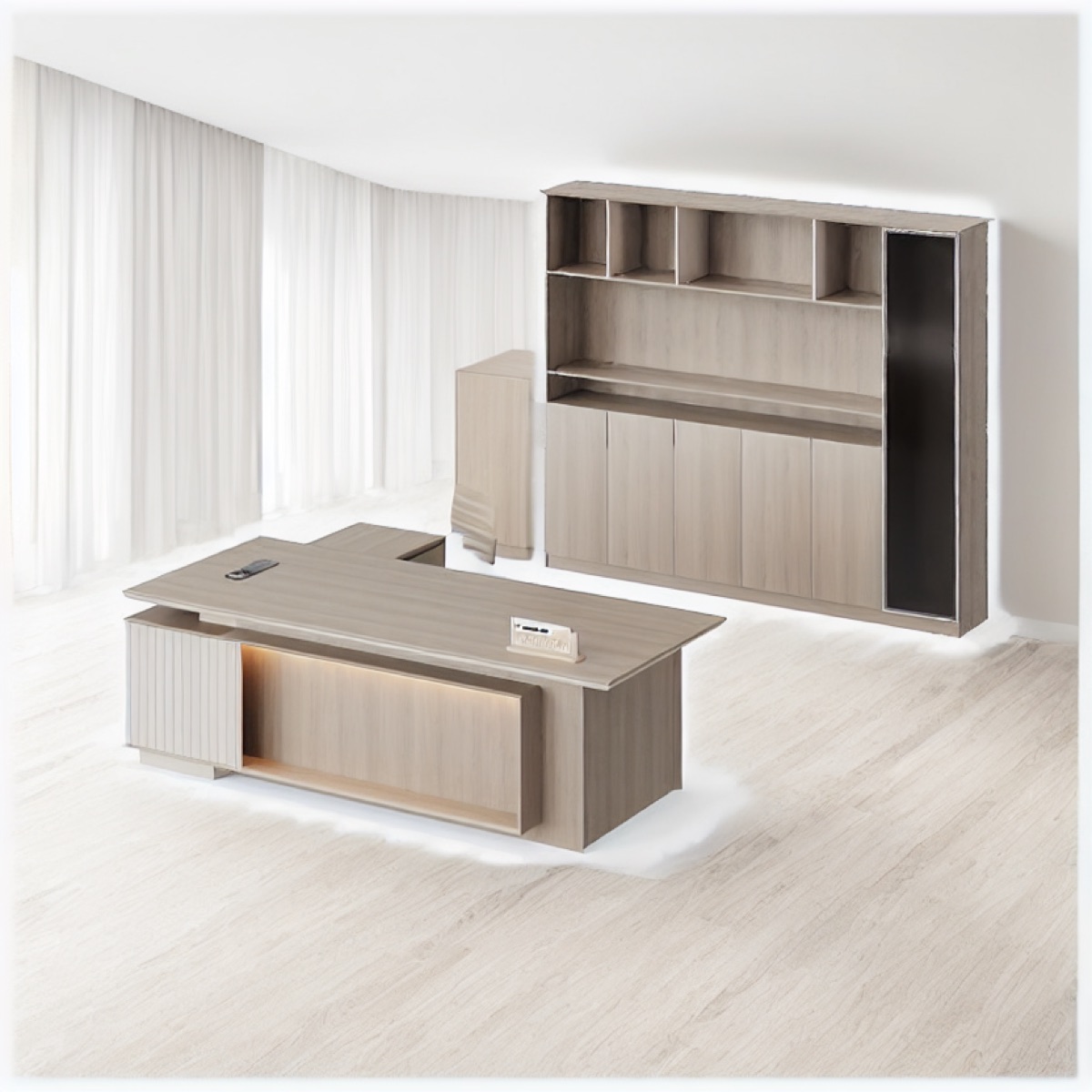 L-Shape Director Desk with Display Shelf — office scene