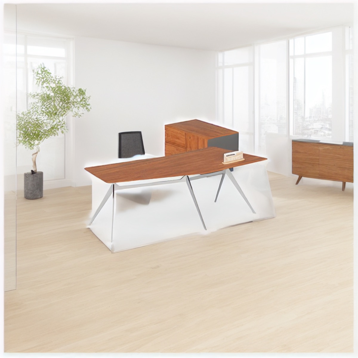 Meja Direktur Trapesium + Side Cabinet — suasana kantor