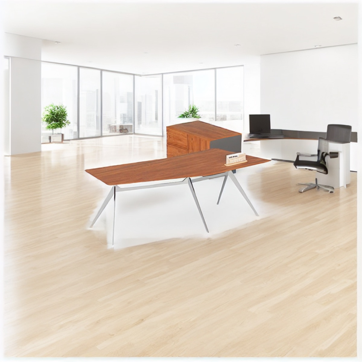 Meja Direktur Trapesium + Side Cabinet — suasana kantor