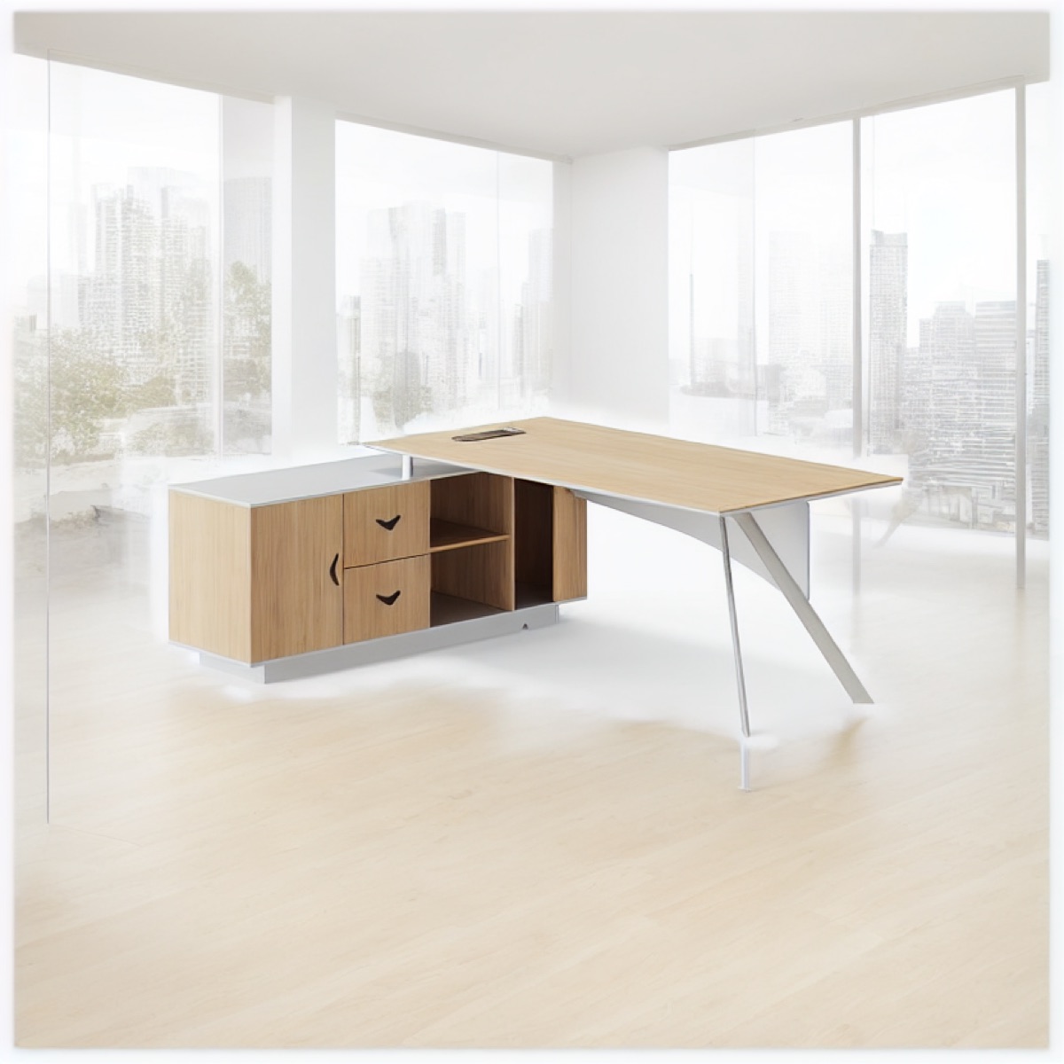 L-Shape Director Desk with Open Shelf + X Legs — office scene