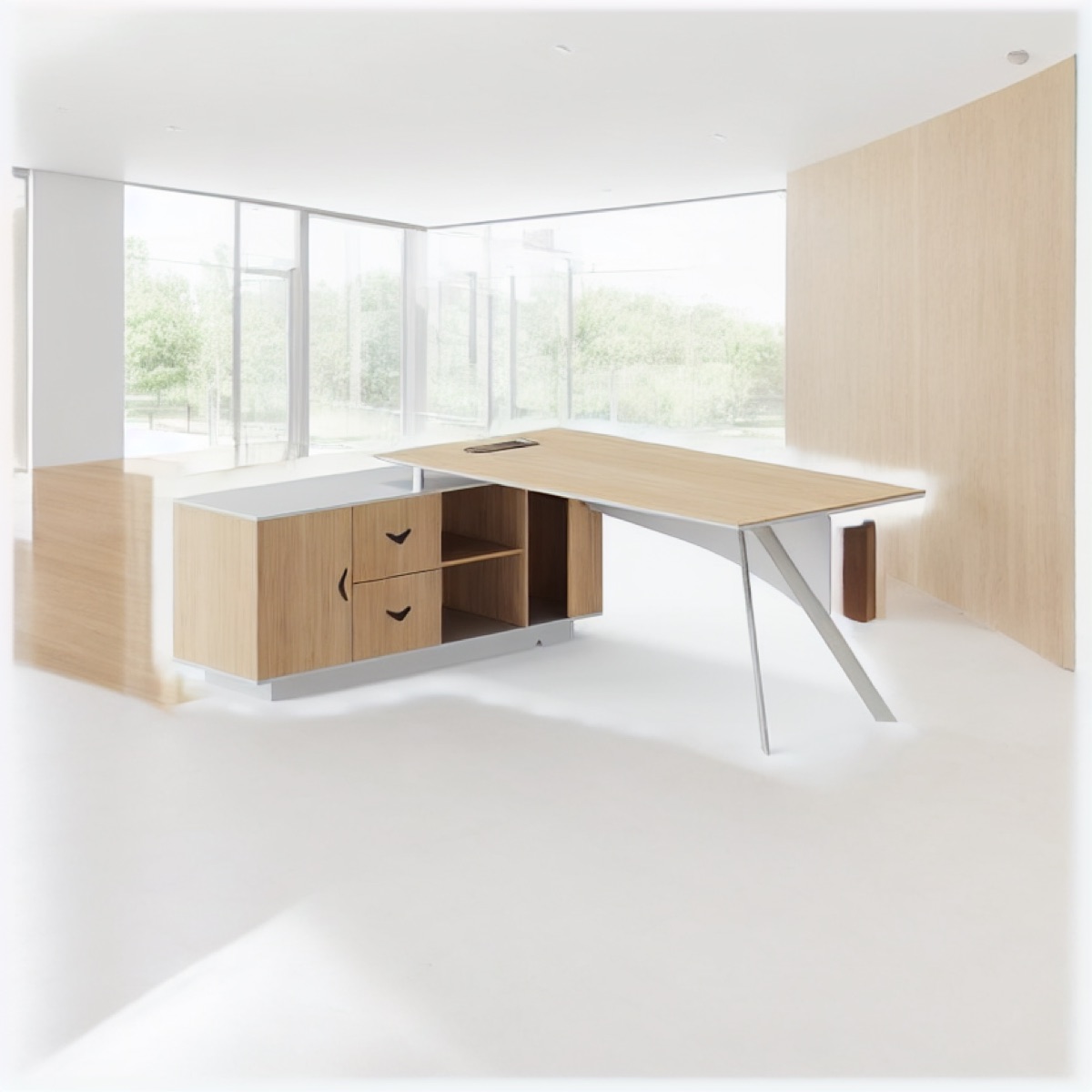 L-Shape Director Desk with Open Shelf + X Legs — office scene