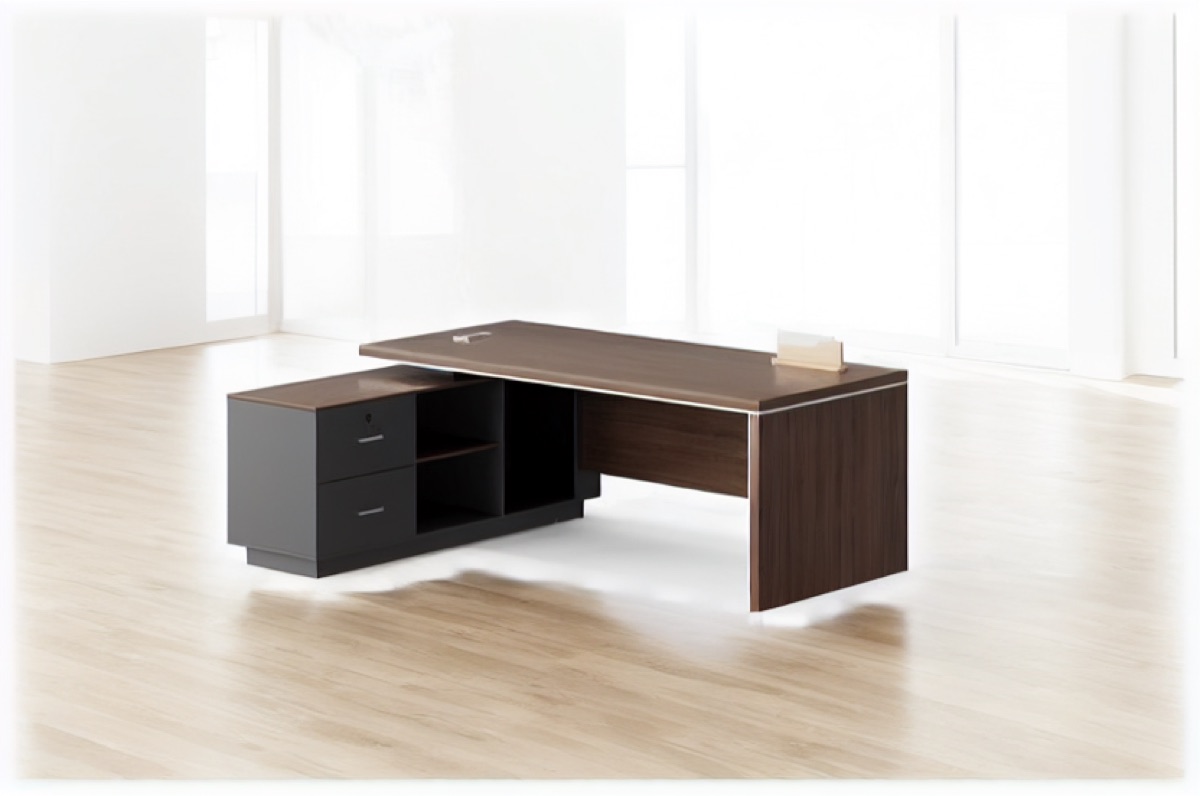L-Shape Director Desk with Black Accent Panel — office scene