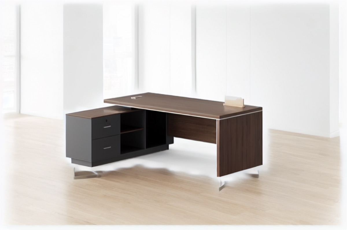 L-Shape Director Desk with Black Accent Panel — office scene