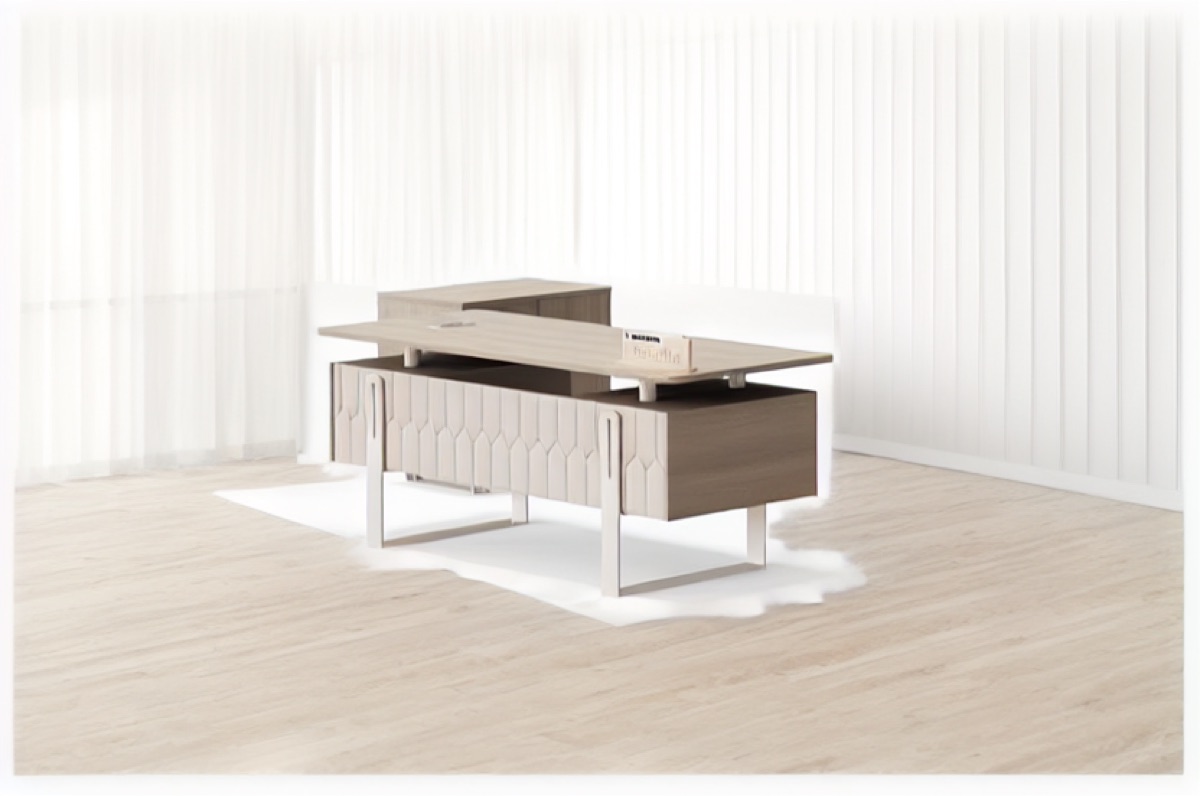 L-Shape Director Desk, Geometric Panel — office scene