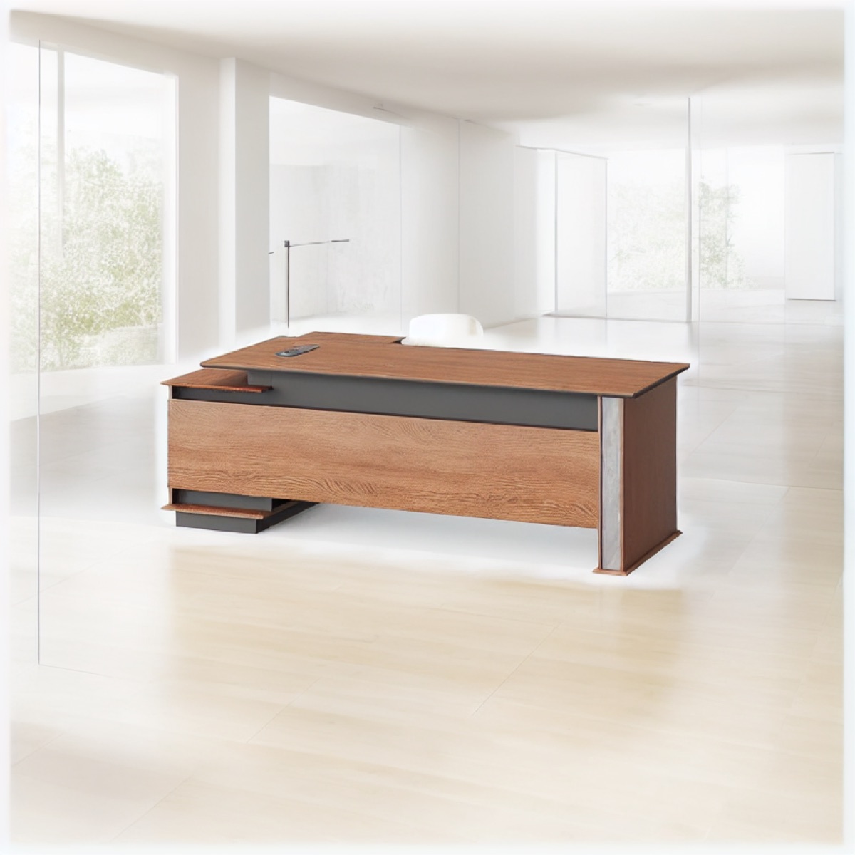 Meja Eksekutif L-Shape Oak Handleless — suasana kantor