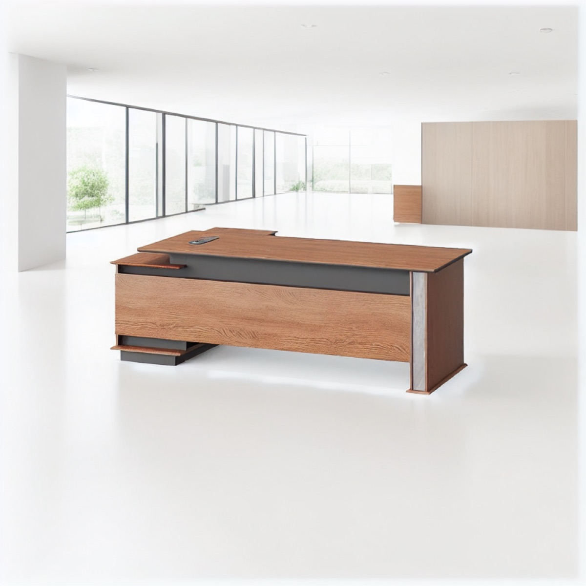 Meja Eksekutif L-Shape Oak Handleless — suasana kantor