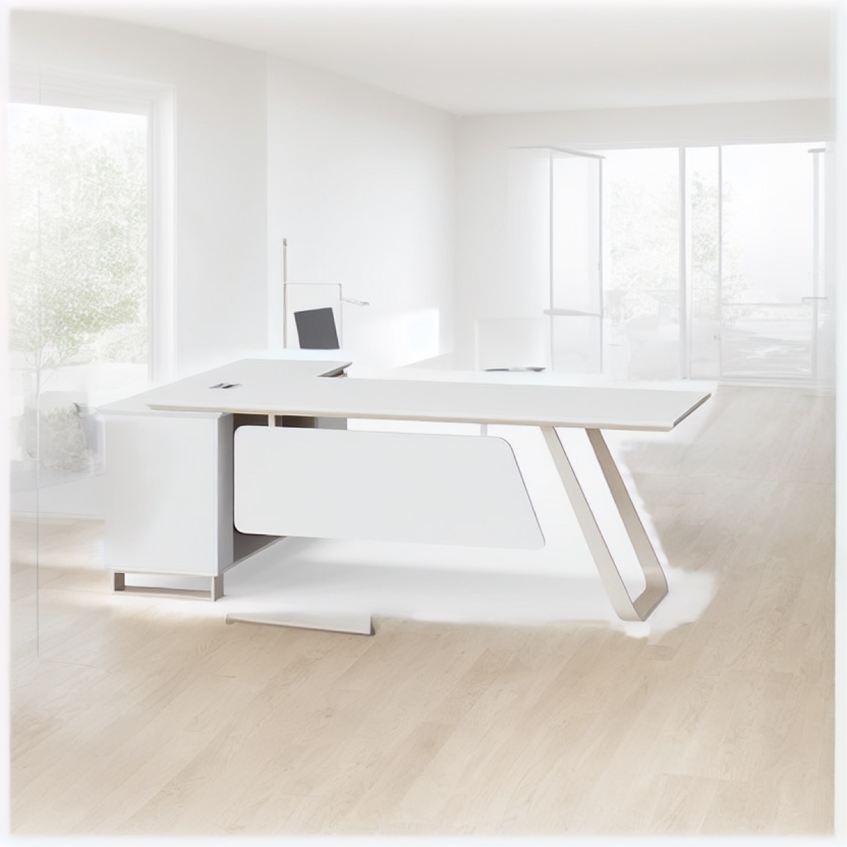 Meja Direktur L-Shape Putih Glossy — situasi kantor