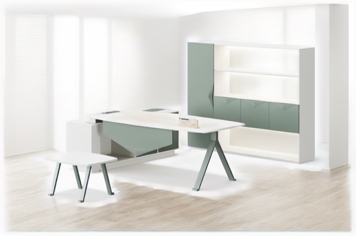 Dark Green L-Shape Director Desk + Integrated Shelving — office scene